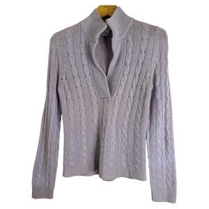 Evelyn Grace Lilac Cable Knit Split V-Neck Cashmere Sweater Medium